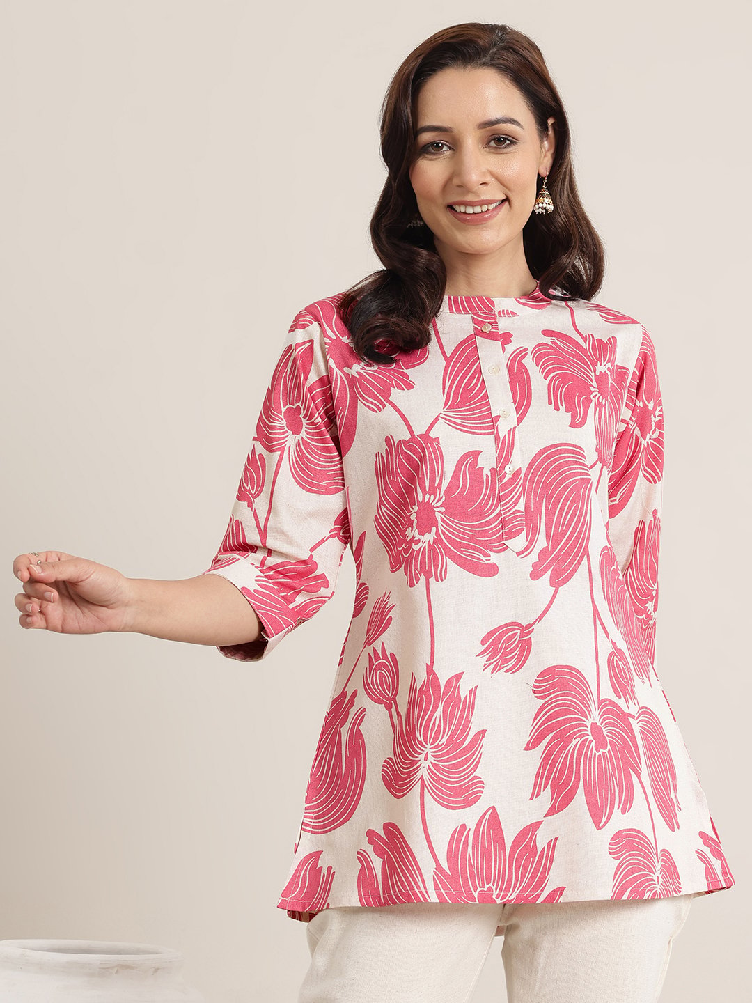 Pink Printed Cotton Straight Kurti