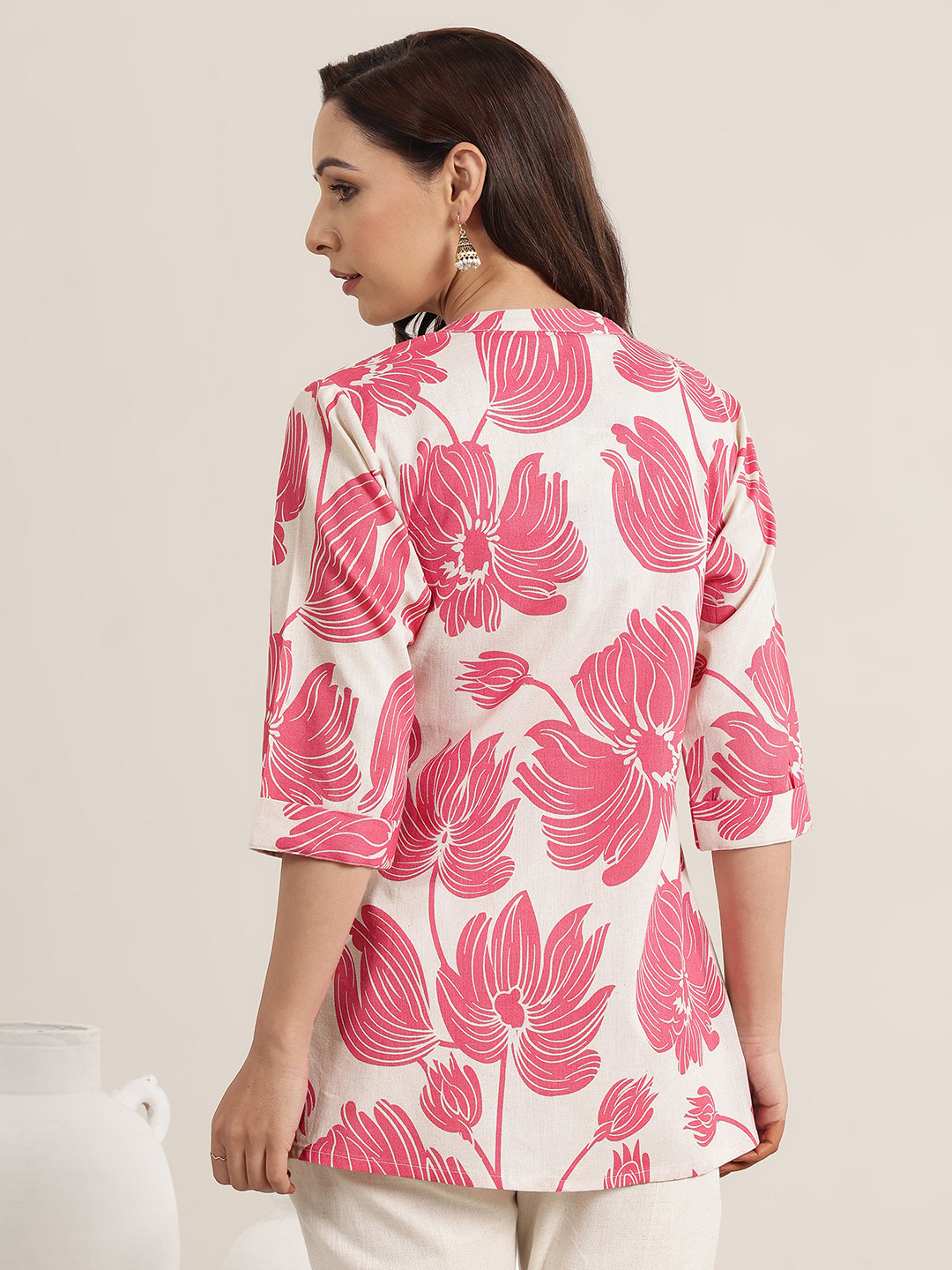 Pink Printed Cotton Straight Kurti