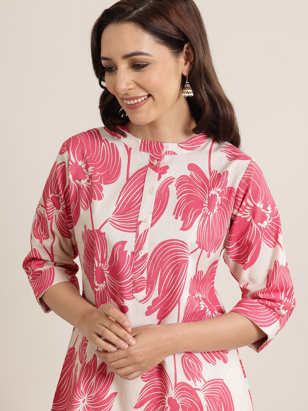 Pink Printed Cotton Straight Kurti