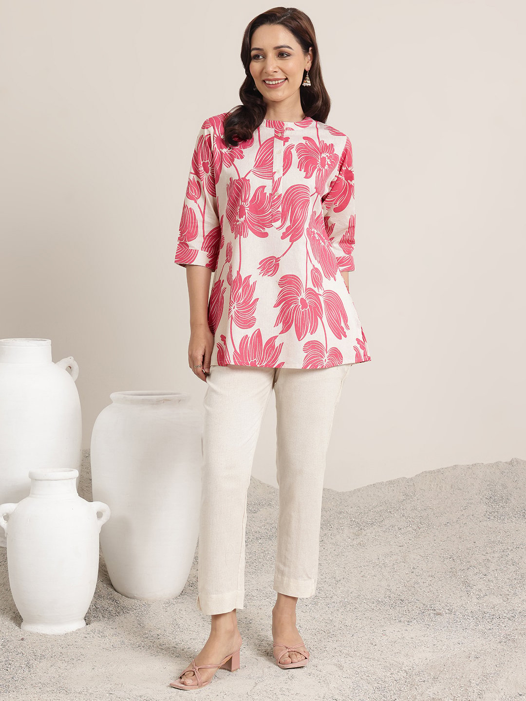 Pink Printed Cotton Straight Kurti