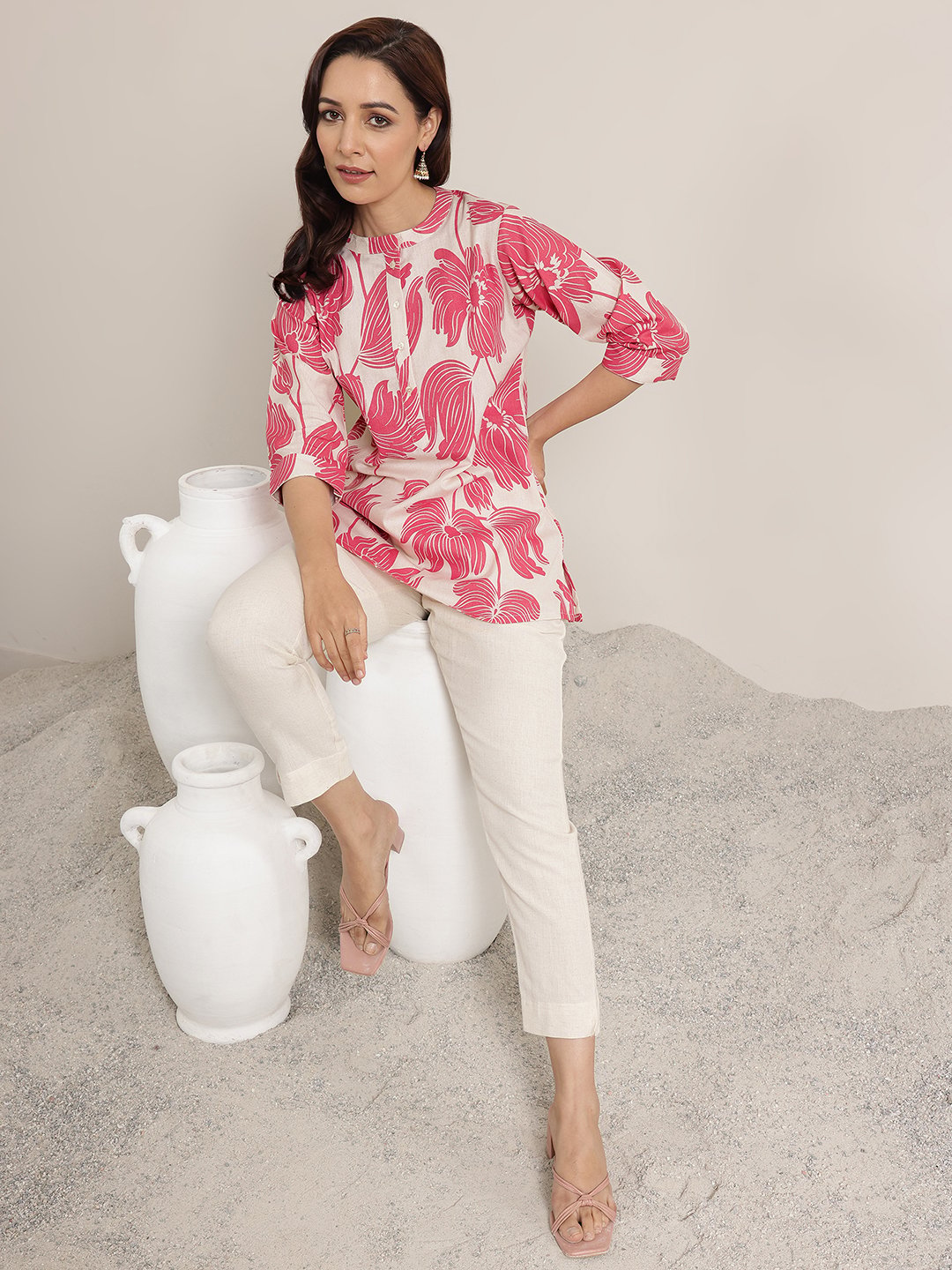 Pink Printed Cotton Straight Kurti