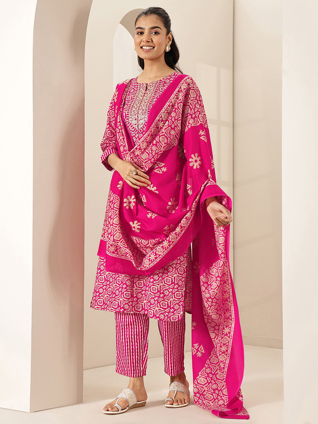 Pink Printed Cotton Blend Straight Kurta With Trousers and Dupatta Set