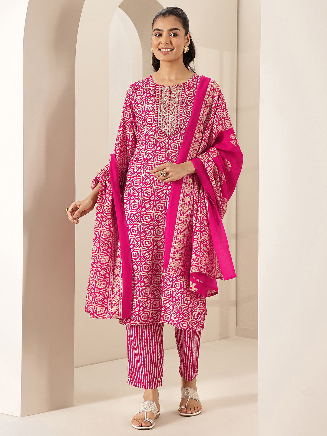 Pink Printed Cotton Blend Straight Kurta With Trousers and Dupatta Set