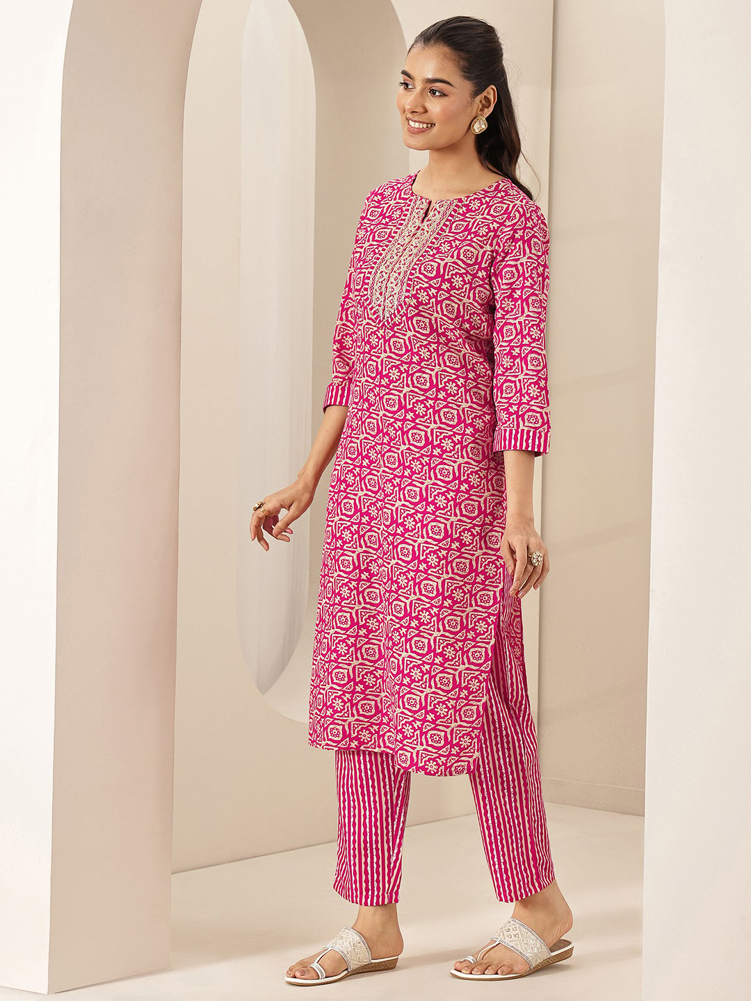 Pink Printed Cotton Blend Straight Kurta With Trousers and Dupatta Set