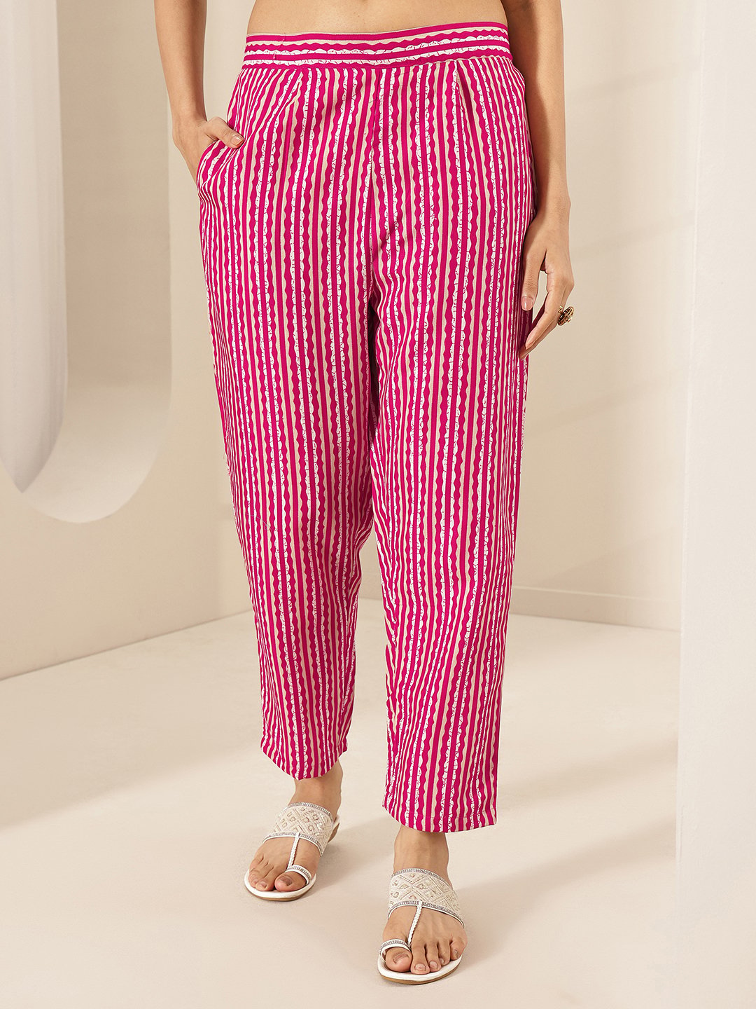 Pink Printed Cotton Blend Straight Kurta With Trousers and Dupatta Set
