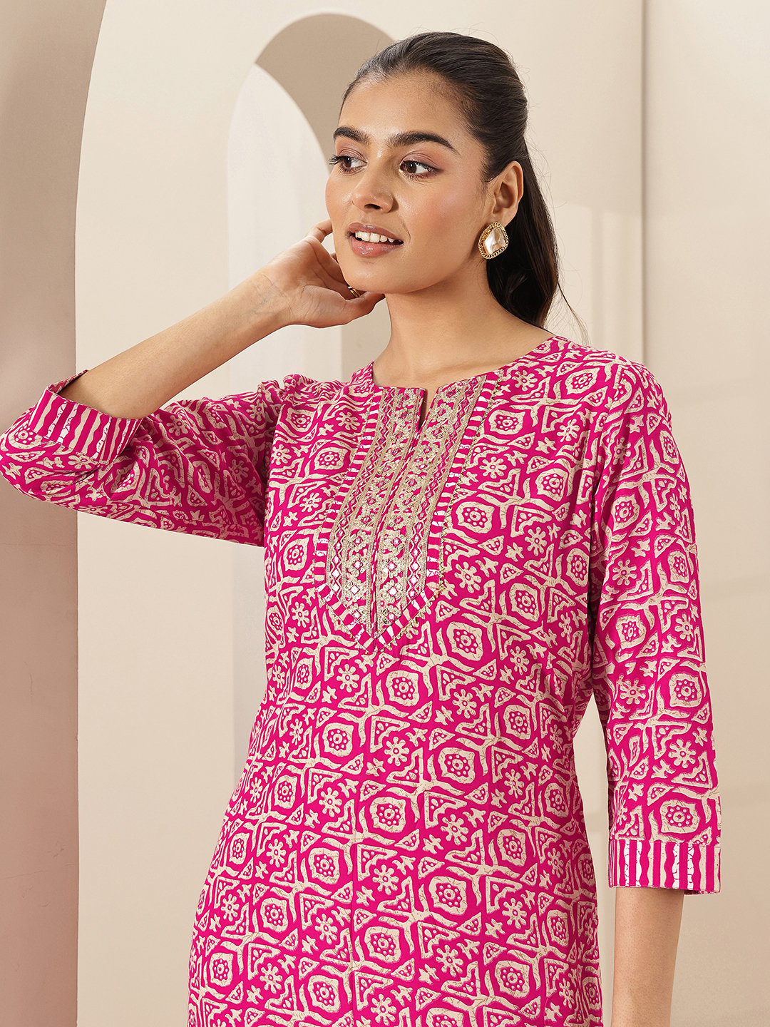 Pink Printed Cotton Blend Straight Kurta With Trousers and Dupatta Set