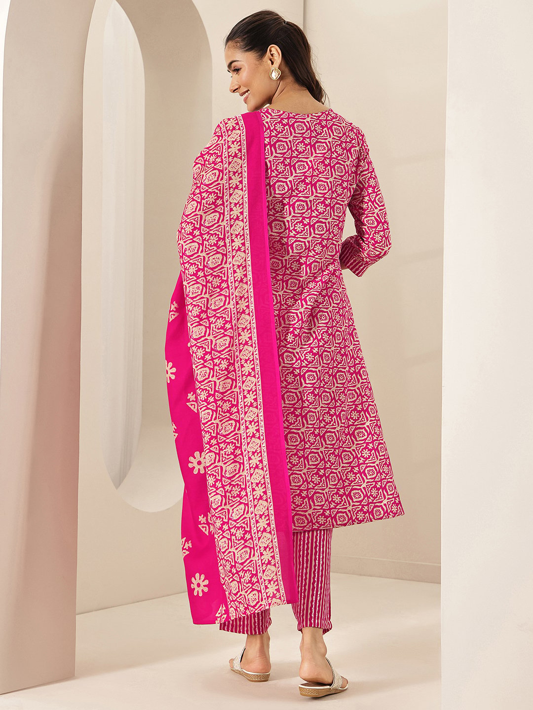 Pink Printed Cotton Blend Straight Kurta With Trousers and Dupatta Set