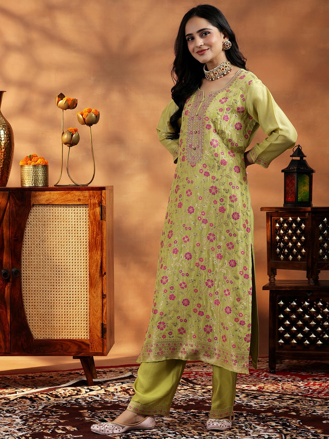 Green Printed Kurta Pant Dupatta Set