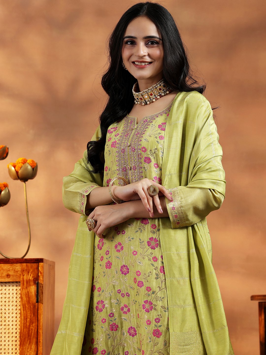 Green Printed Kurta Pant Dupatta Set