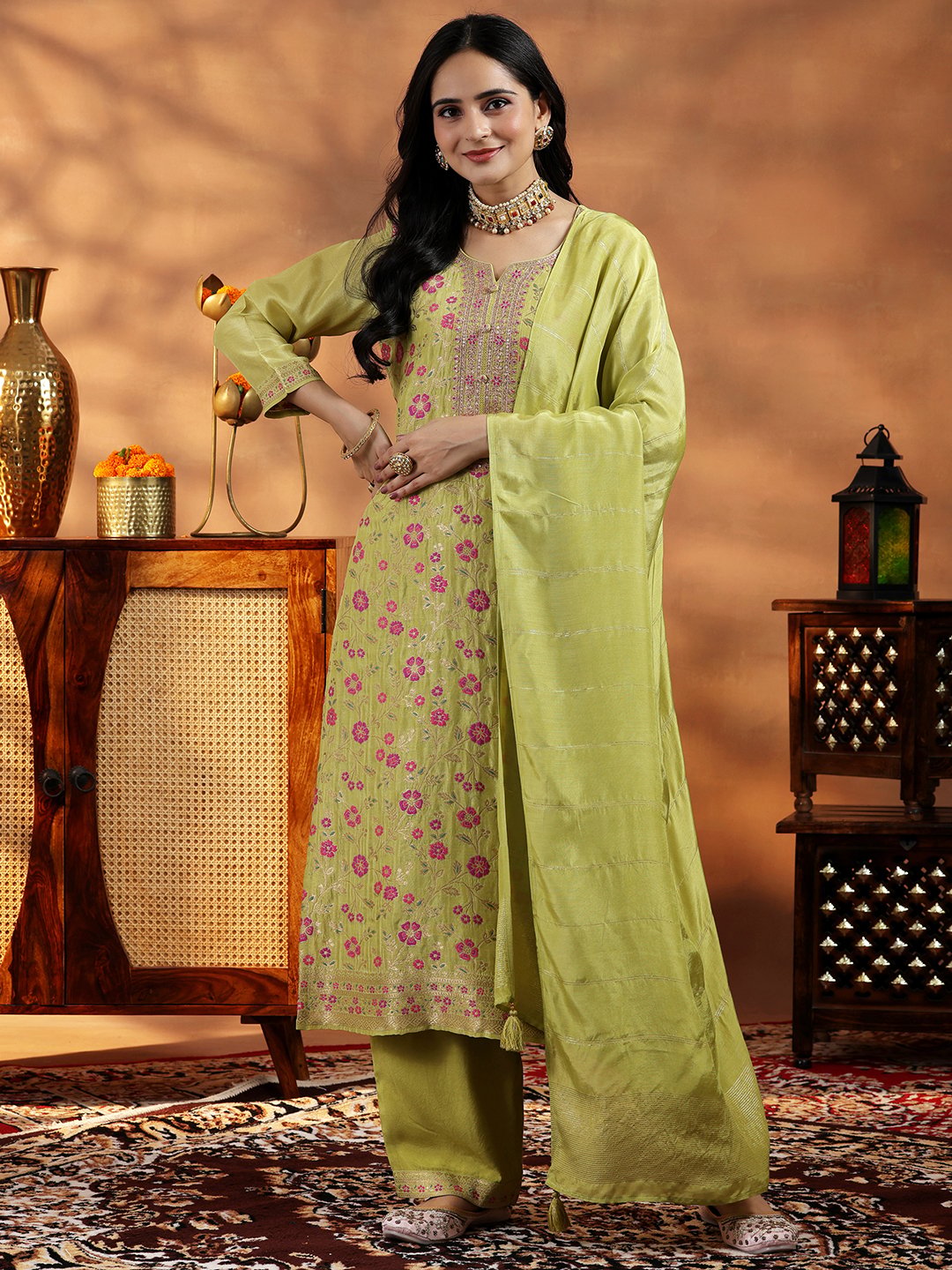 Green Printed Kurta Pant Dupatta Set