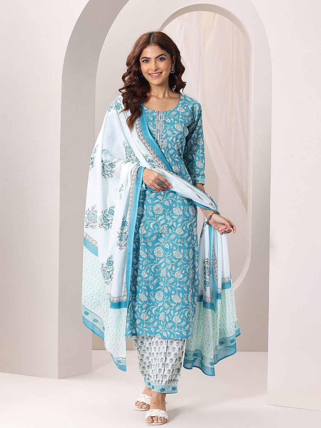 Blue Printed Cotton Straight Kurta, Salwar and Dupatta Set