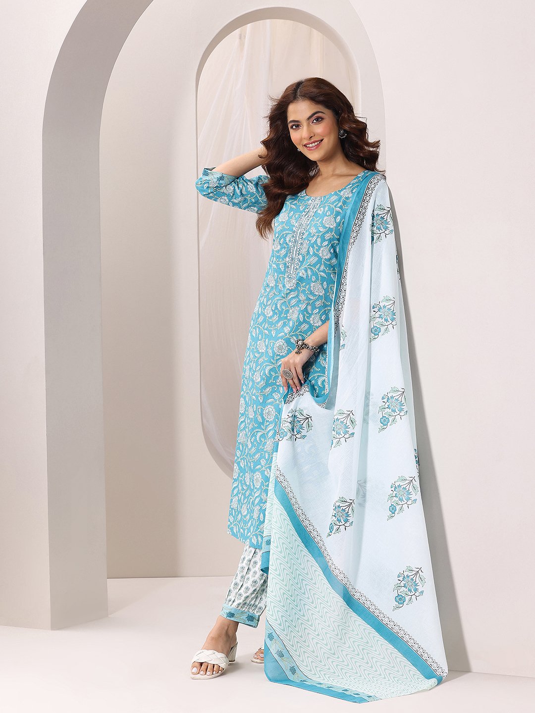 Blue Printed Cotton Straight Kurta, Salwar and Dupatta Set