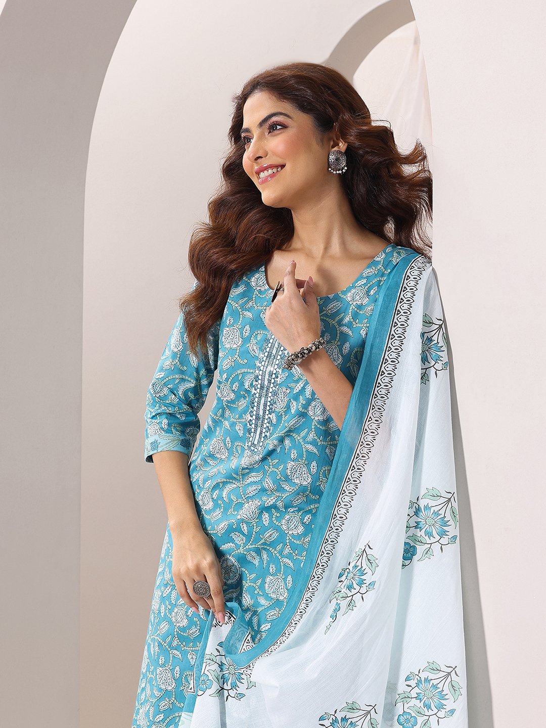 Blue Printed Cotton Straight Kurta, Salwar and Dupatta Set