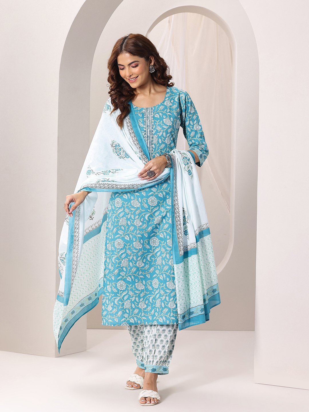 Blue Printed Cotton Straight Kurta, Salwar and Dupatta Set