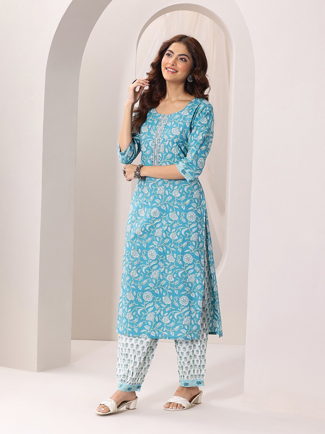 Blue Printed Cotton Straight Kurta, Salwar and Dupatta Set