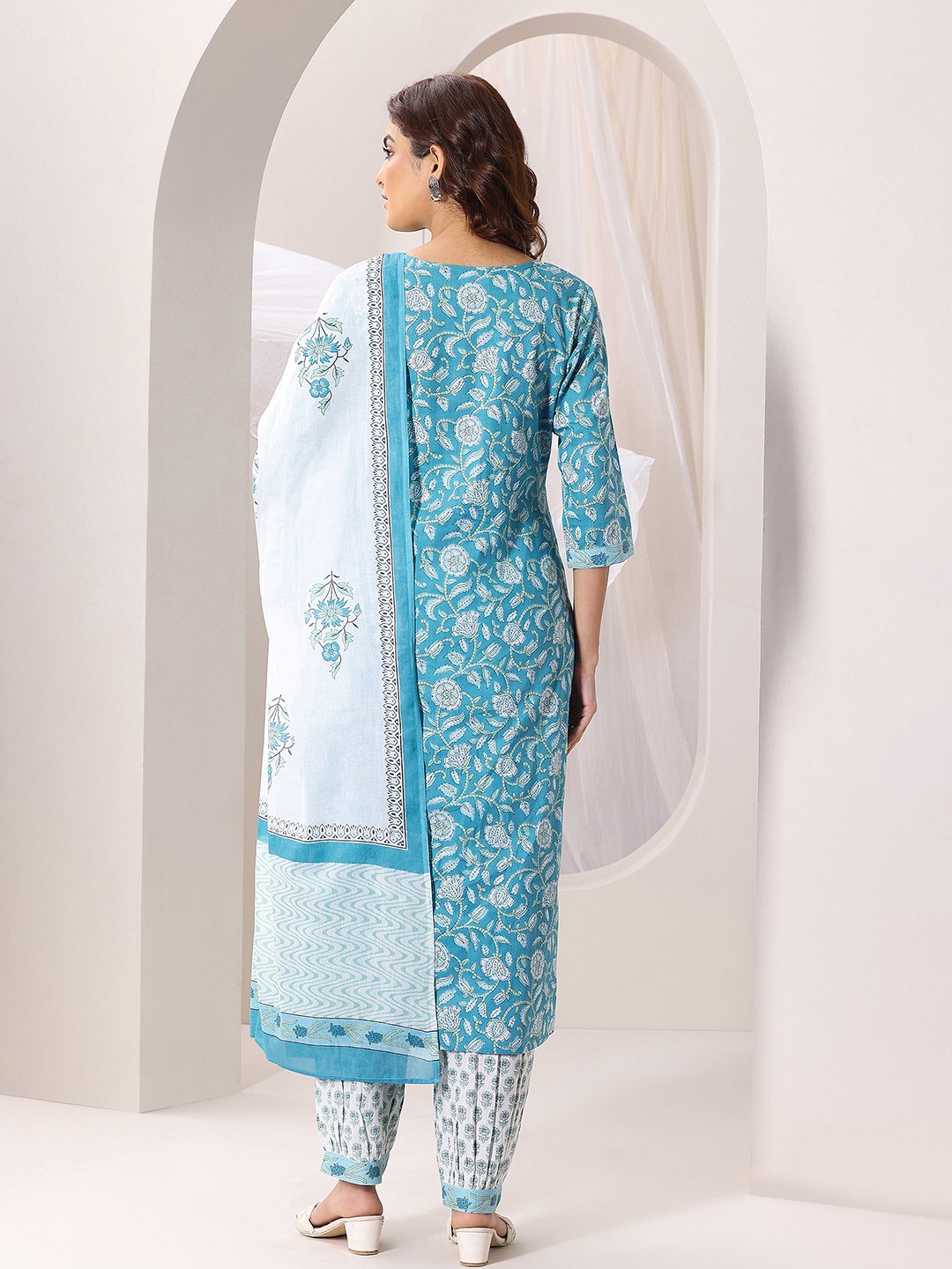Blue Printed Cotton Straight Kurta, Salwar and Dupatta Set