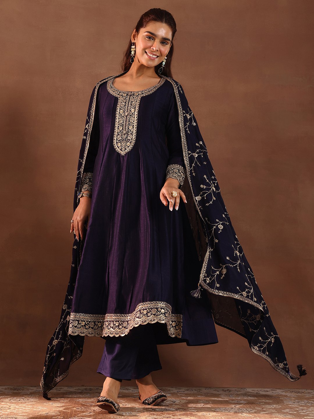 Purple Embroidered Silk Blend Anarkali Kurta, Trousers and Dupatta Set