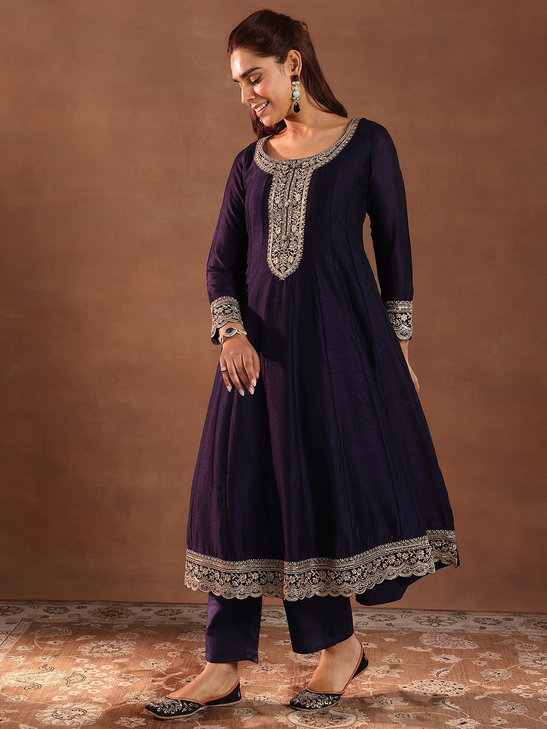 Purple Embroidered Silk Blend Anarkali Kurta, Trousers and Dupatta Set