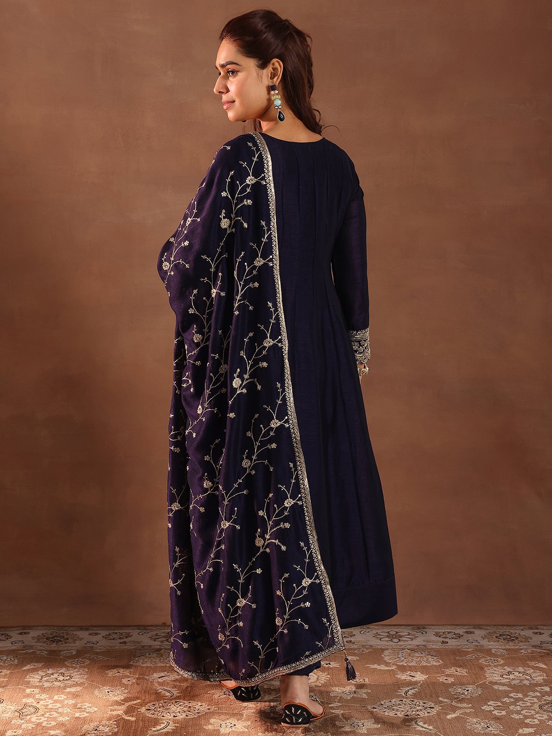 Purple Embroidered Silk Blend Anarkali Kurta, Trousers and Dupatta Set