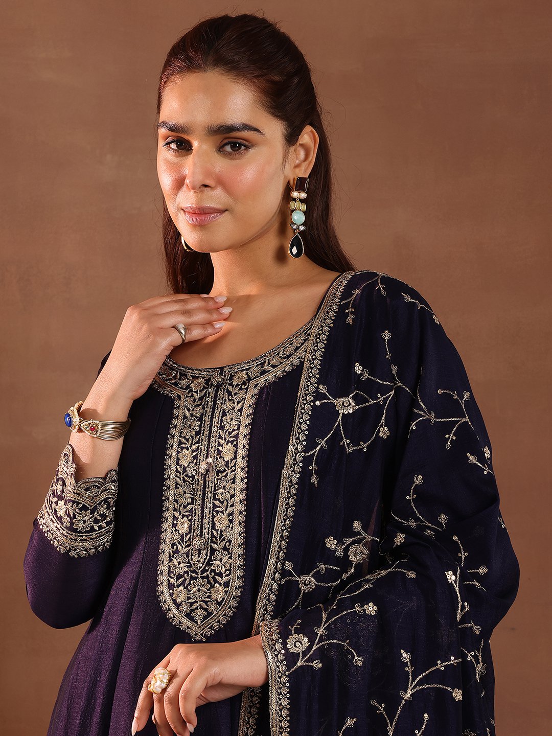 Purple Embroidered Silk Blend Anarkali Kurta, Trousers and Dupatta Set