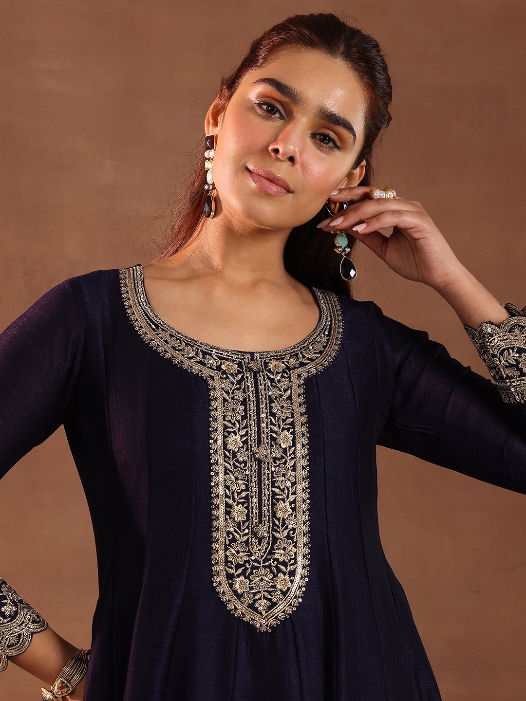 Purple Embroidered Silk Blend Anarkali Kurta, Trousers and Dupatta Set