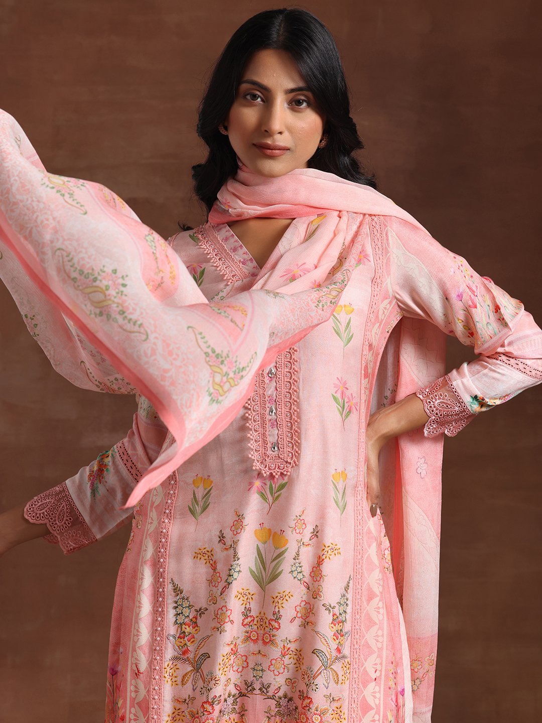 Pink Printed Silk Blend Straight Kurta, Trousers and Dupatta Set