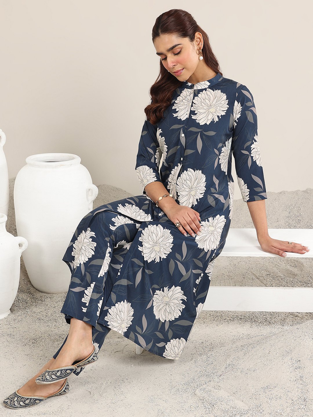 Blue Printed Rayon Top and Pants Co-Ords