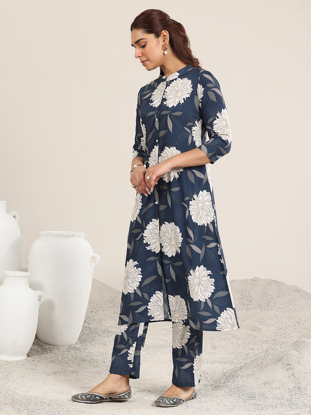 Blue Printed Rayon Top and Pants Co-Ords