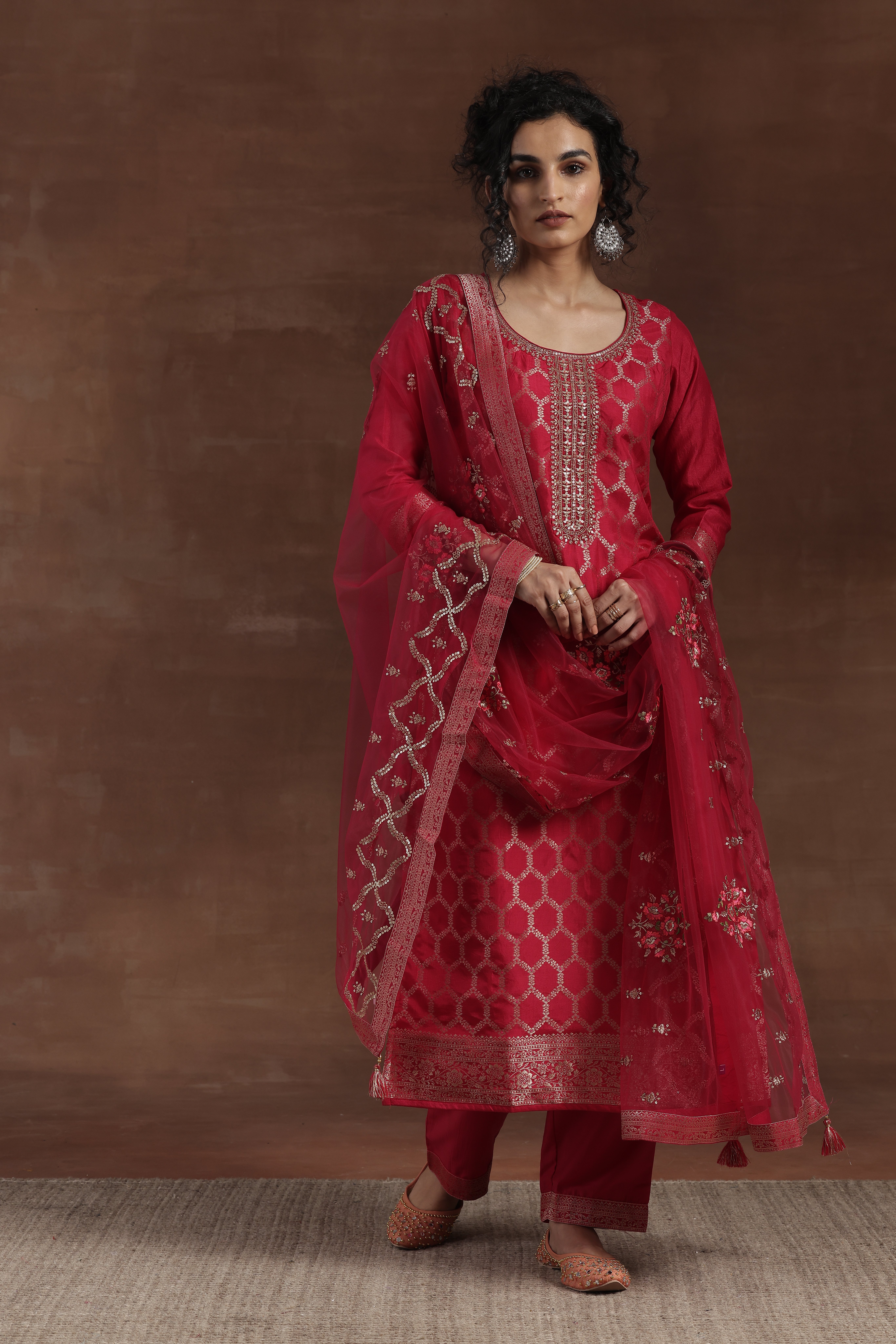 Pink Self Design Silk Blend Straight Kurta, Trousers and Dupatta Set