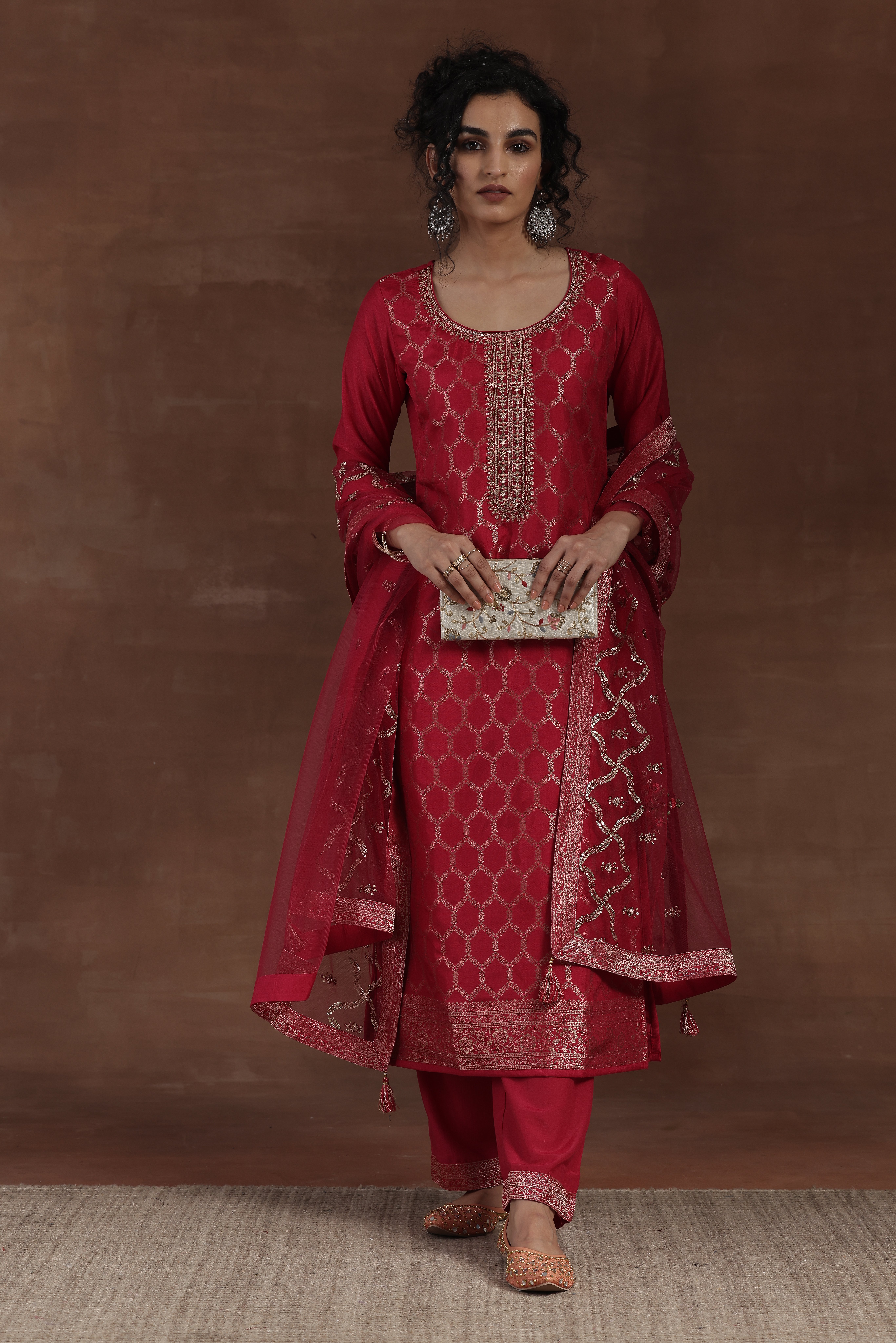 Pink Self Design Silk Blend Straight Kurta, Trousers and Dupatta Set