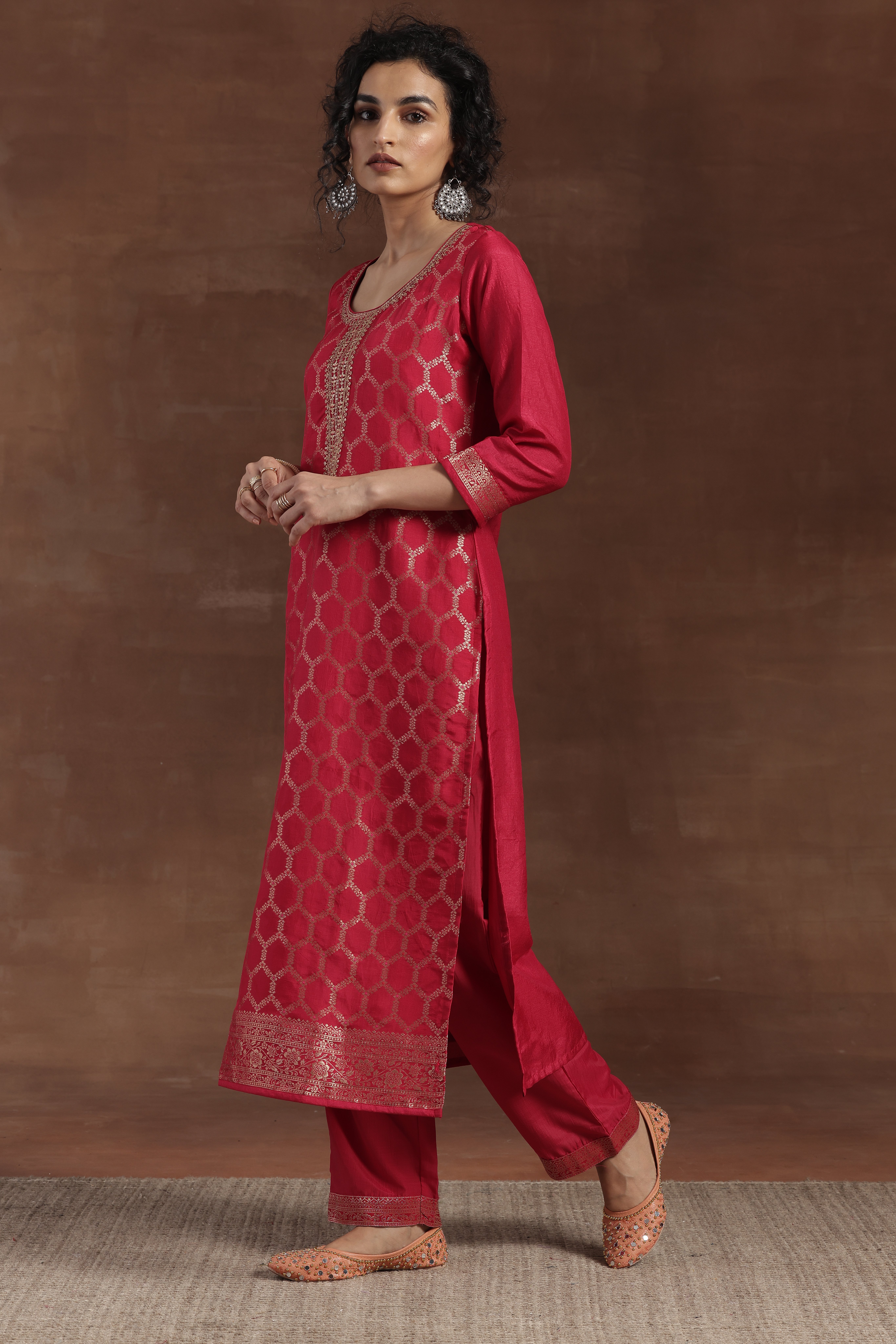 Pink Self Design Silk Blend Straight Kurta, Trousers and Dupatta Set