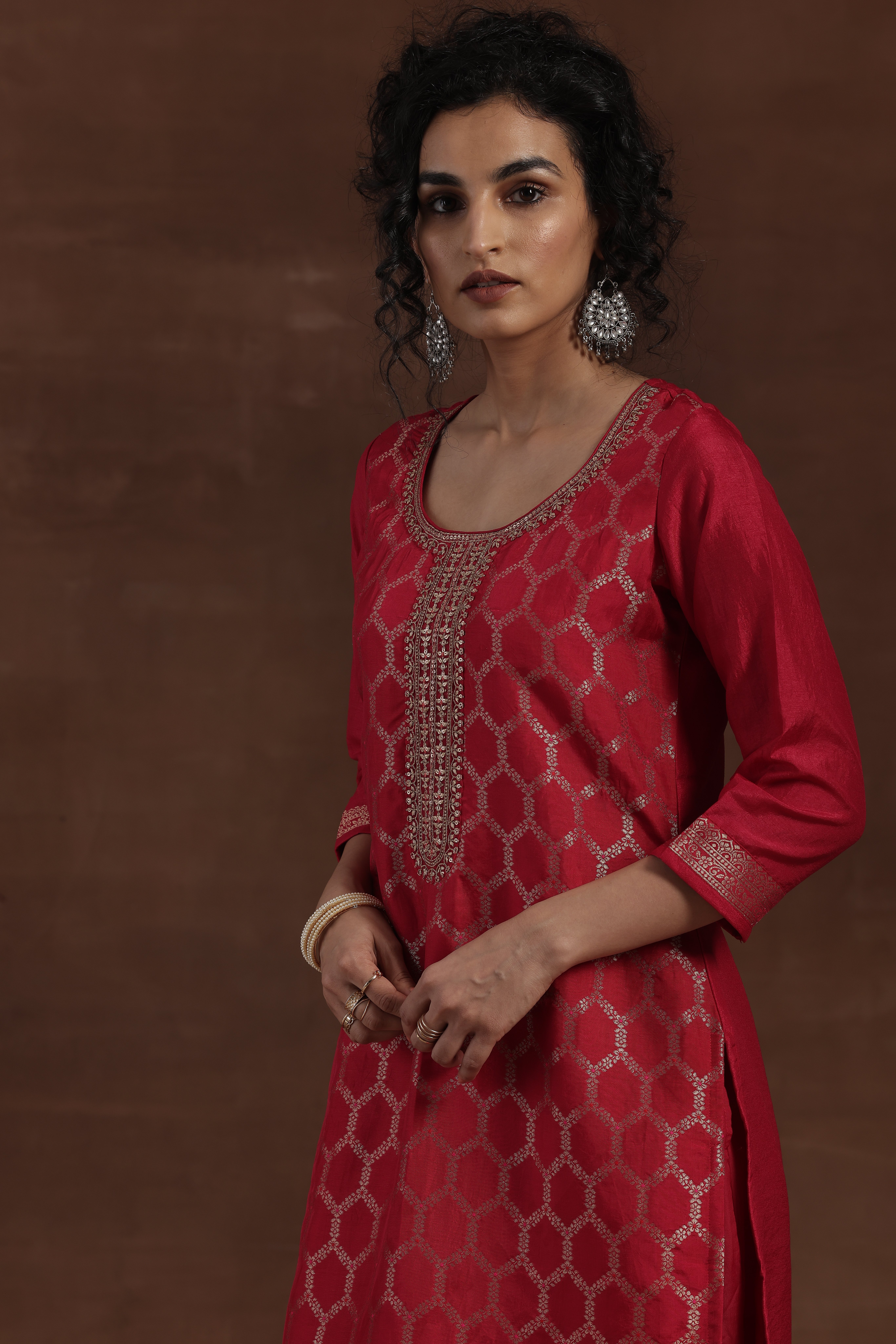 Pink Self Design Silk Blend Straight Kurta, Trousers and Dupatta Set