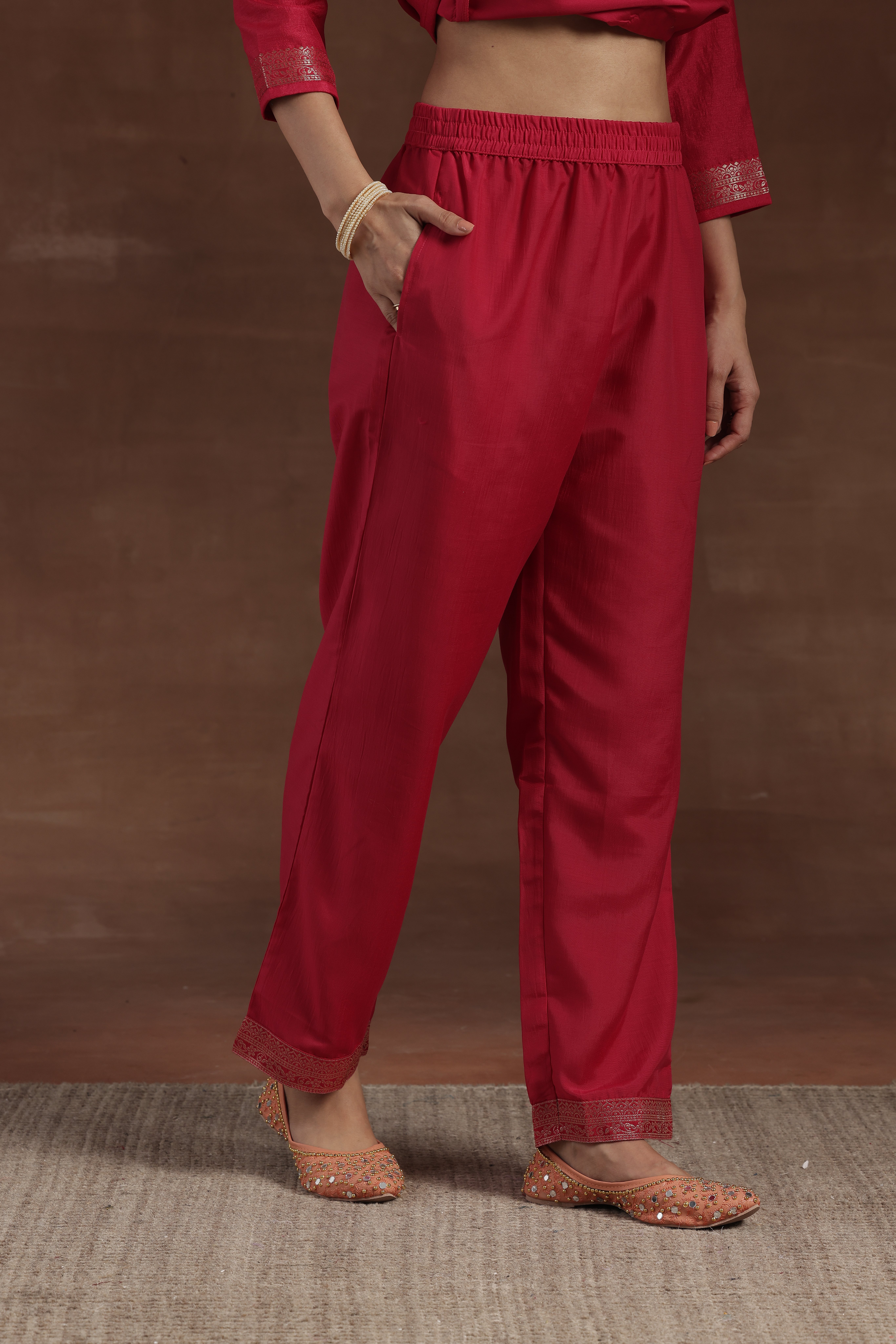 Pink Self Design Silk Blend Straight Kurta, Trousers and Dupatta Set