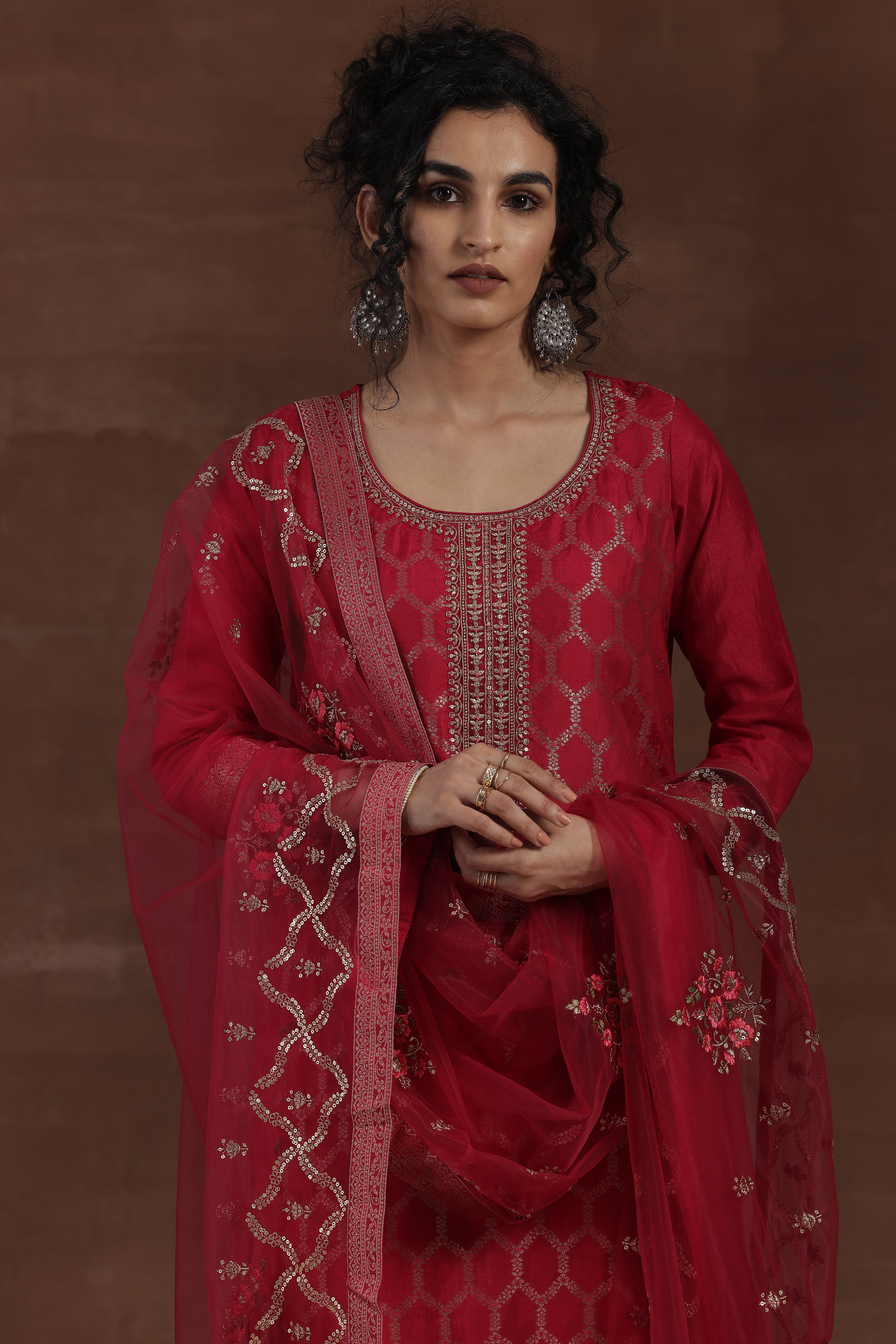 Pink Self Design Silk Blend Straight Kurta, Trousers and Dupatta Set