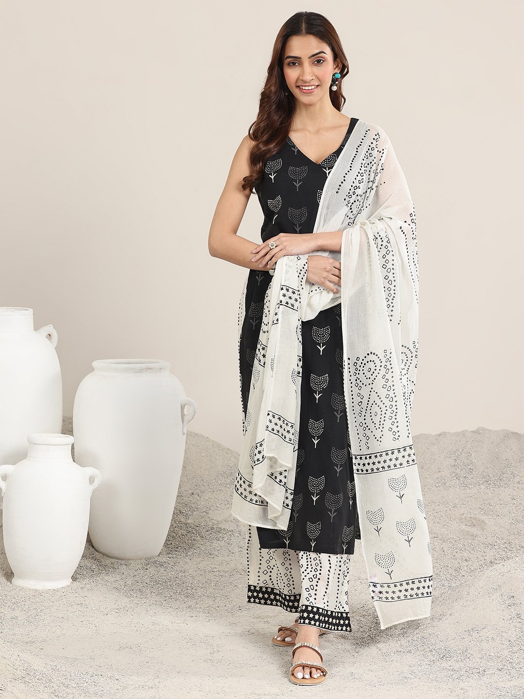 Black Printed Cotton Straight Kurta, Palazzos and Dupatta Set
