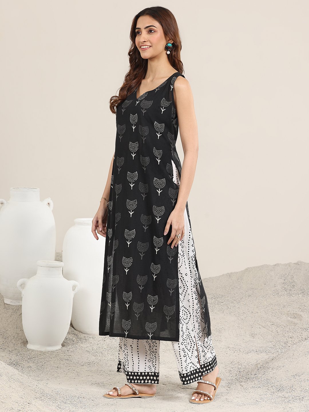 Black Printed Cotton Straight Kurta, Palazzos and Dupatta Set