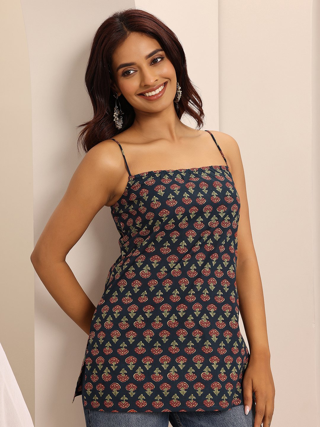 Navy Blue Printed Cotton Straight Kurti