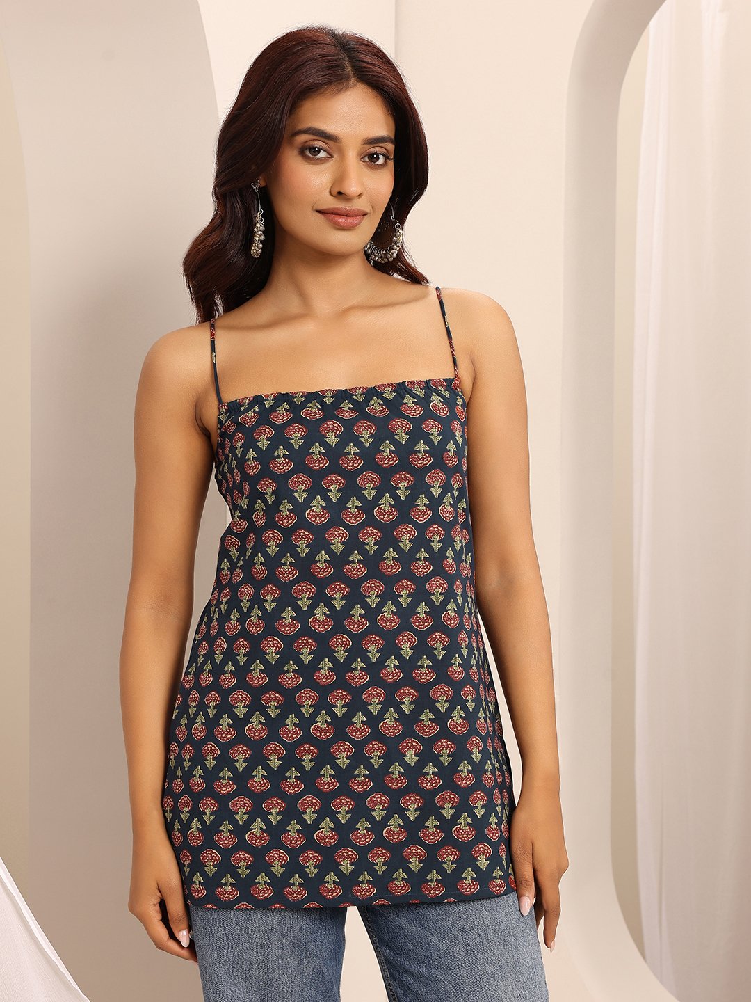 Navy Blue Printed Cotton Straight Kurti
