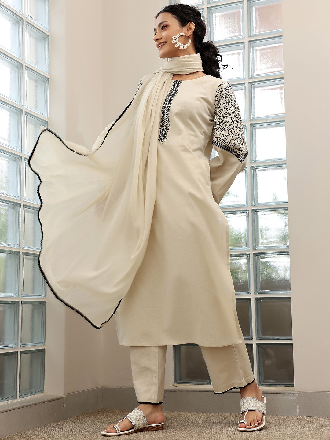 Beige Solid Cotton Blend Straight Kurta, Palazzos and Dupatta Set