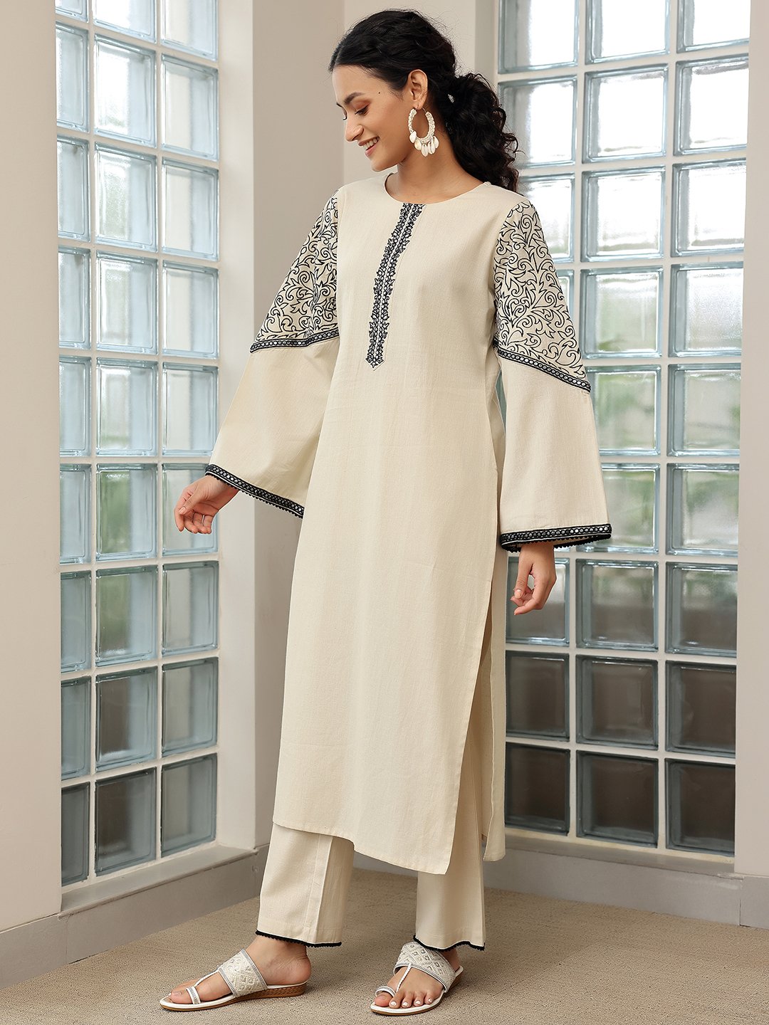 Beige Solid Cotton Blend Straight Kurta, Palazzos and Dupatta Set
