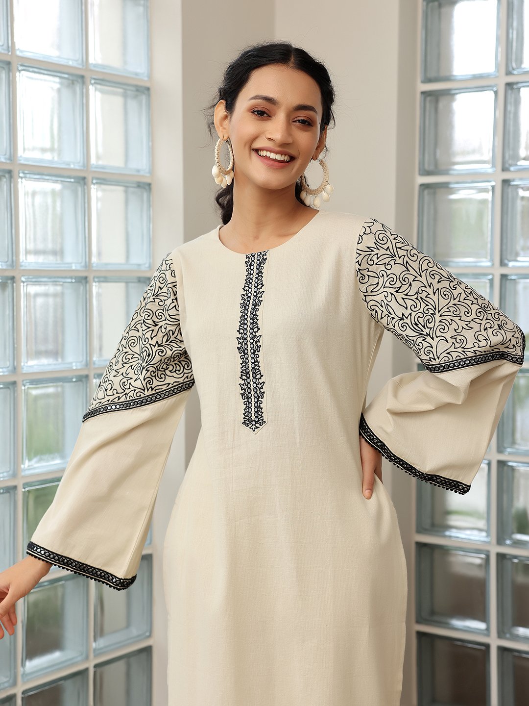 Beige Solid Cotton Blend Straight Kurta, Palazzos and Dupatta Set