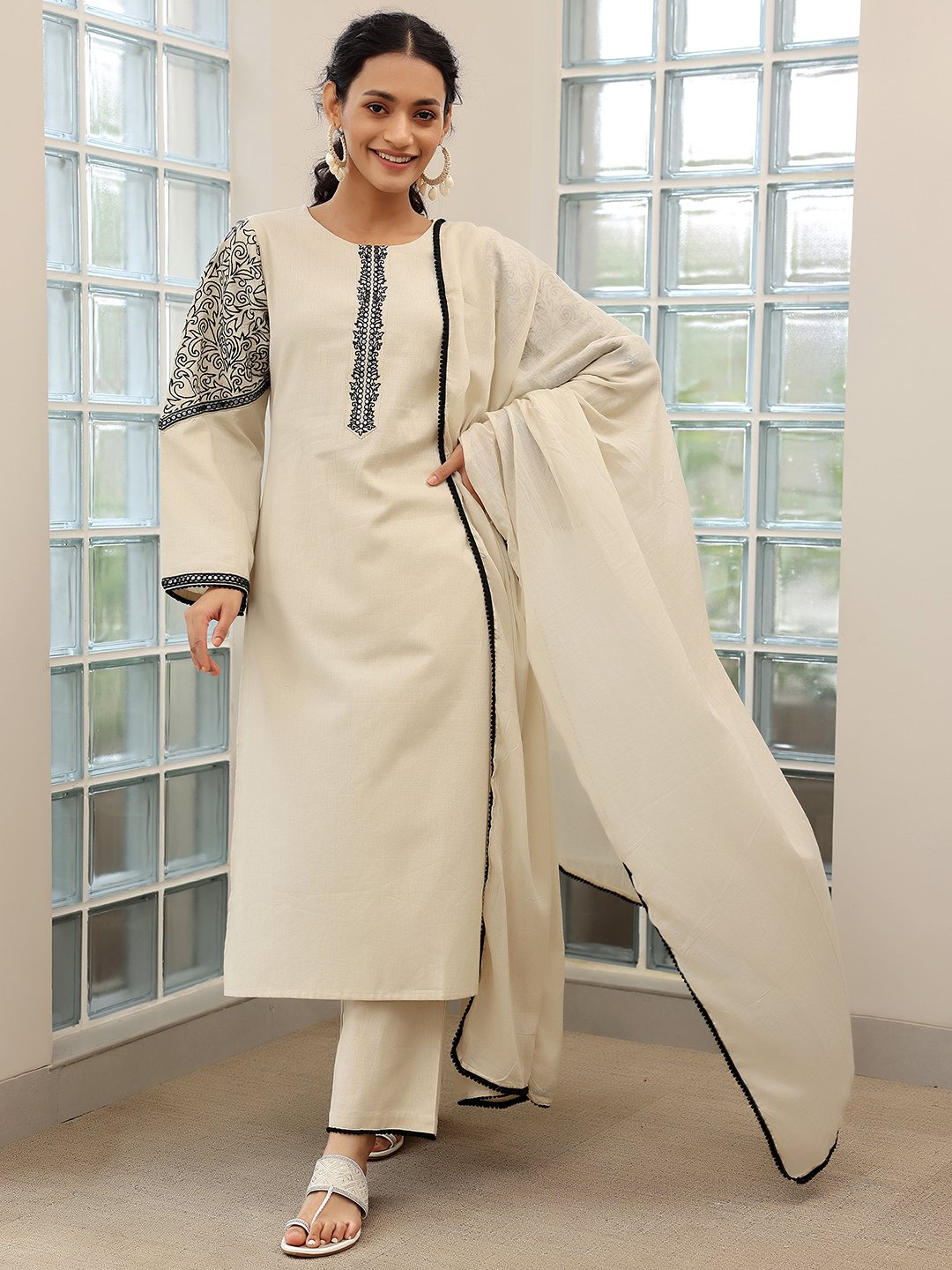 Beige Solid Cotton Blend Straight Kurta, Palazzos and Dupatta Set