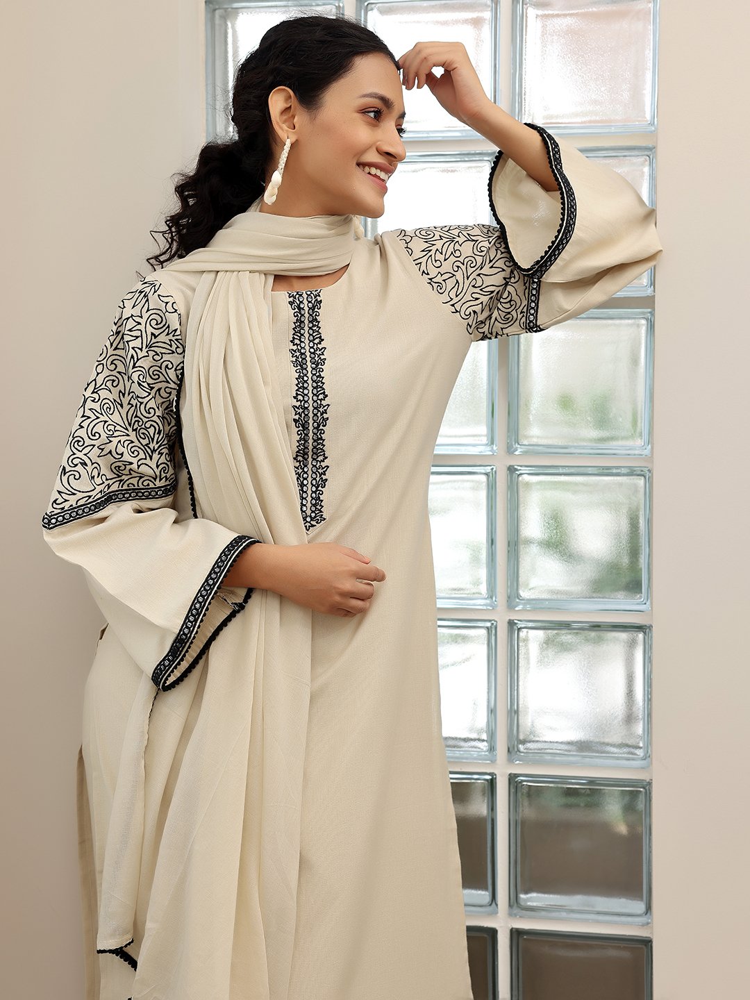 Beige Solid Cotton Blend Straight Kurta, Palazzos and Dupatta Set