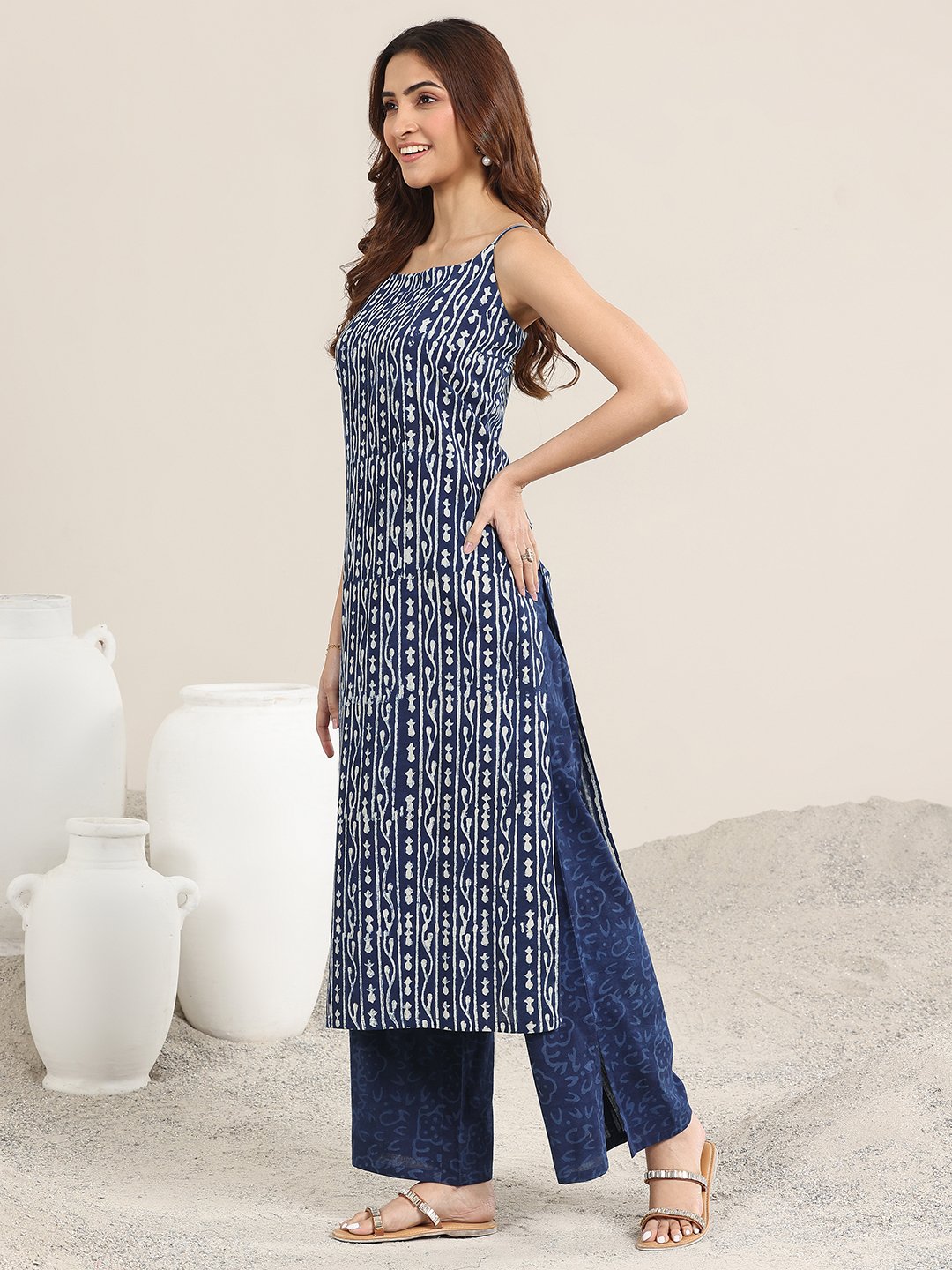 Blue Printed Cotton Straight Kurta, Palazzos and Dupatta Set