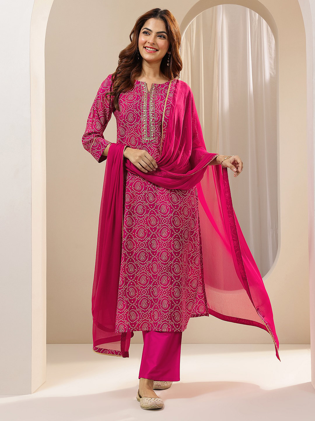 Pink Printed Viscose Straight Kurta, Trousers and Dupatta Set