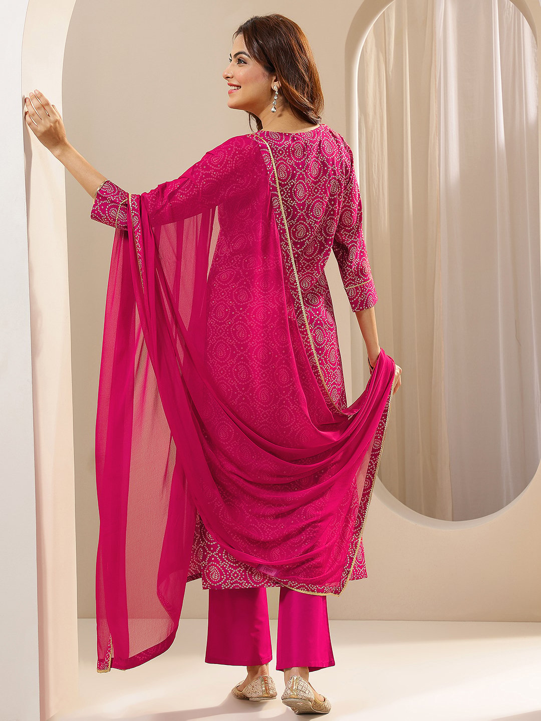 Pink Printed Viscose Straight Kurta, Trousers and Dupatta Set