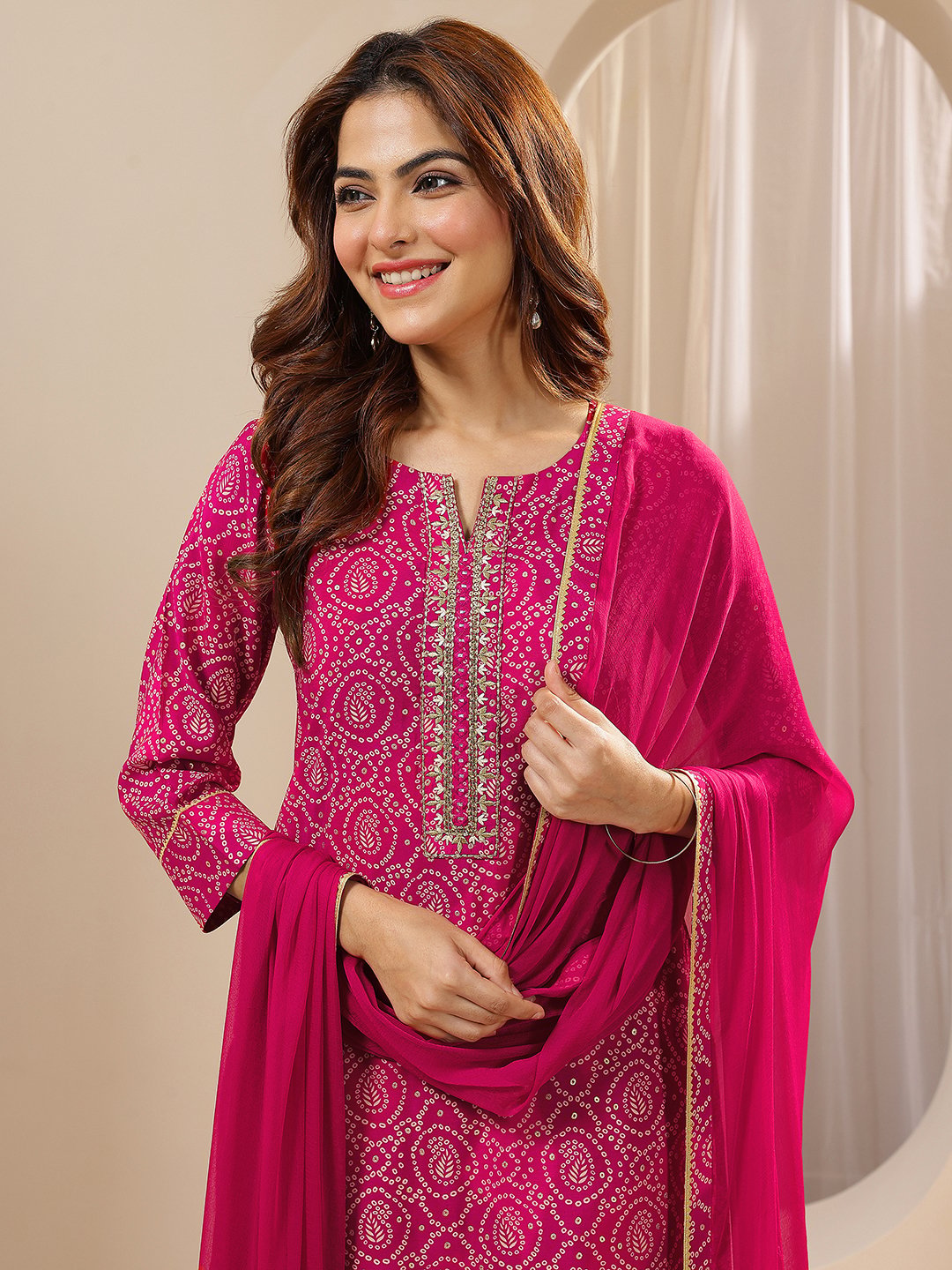 Pink Printed Viscose Straight Kurta, Trousers and Dupatta Set