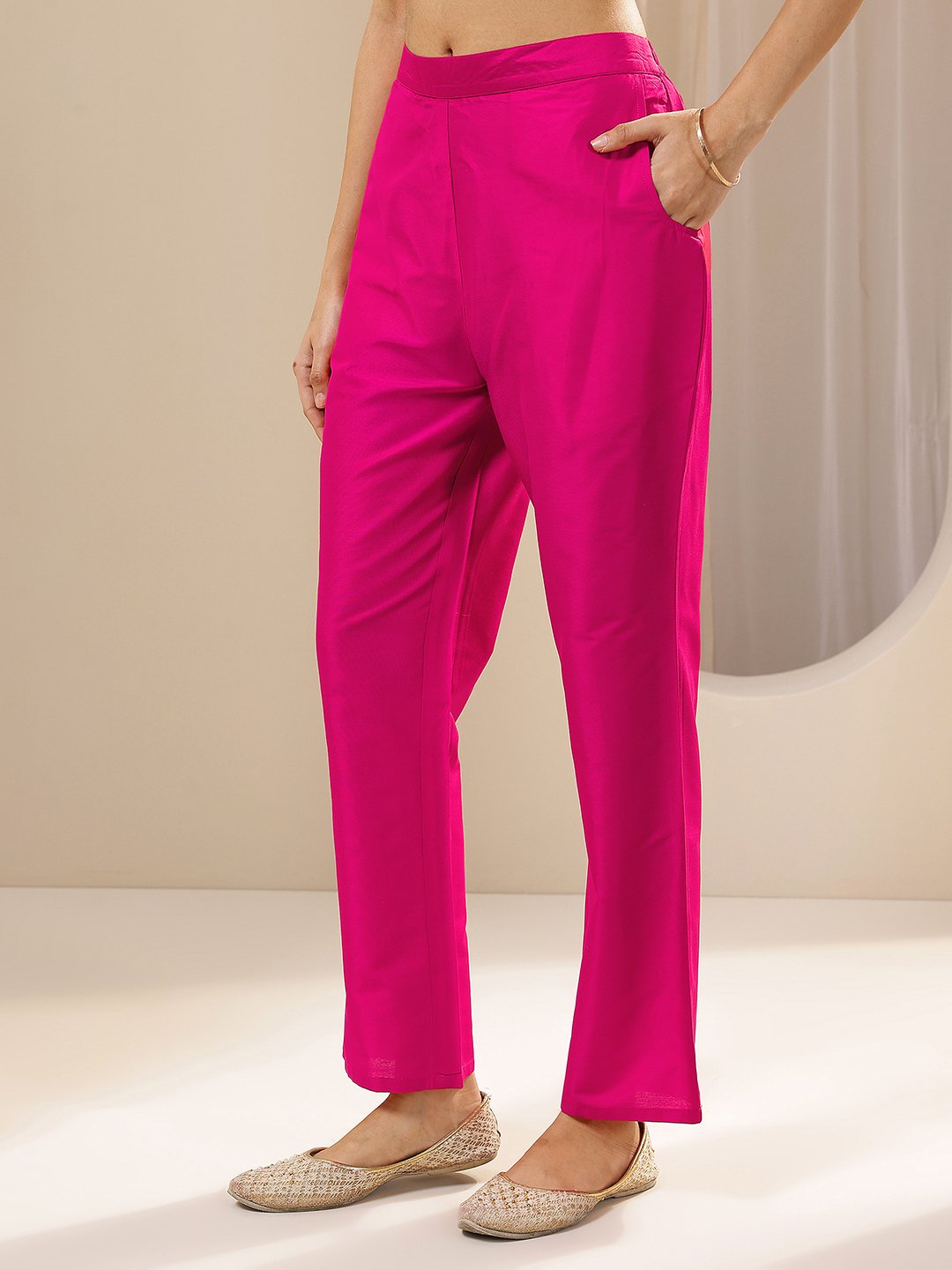 Pink Printed Viscose Straight Kurta, Trousers and Dupatta Set