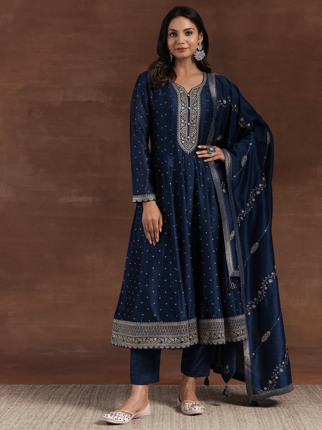 Blue Embroidered Silk Blend A-Line Kurta and Trousers Set and Dupatta
