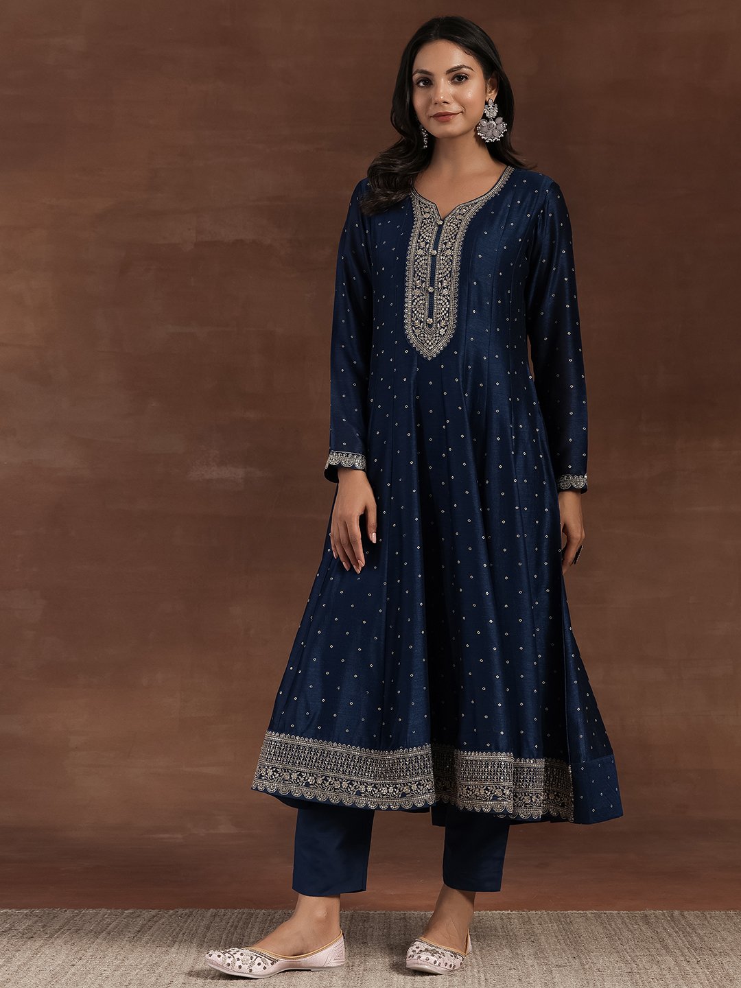 Blue Embroidered Silk Blend A-Line Kurta and Trousers Set and Dupatta